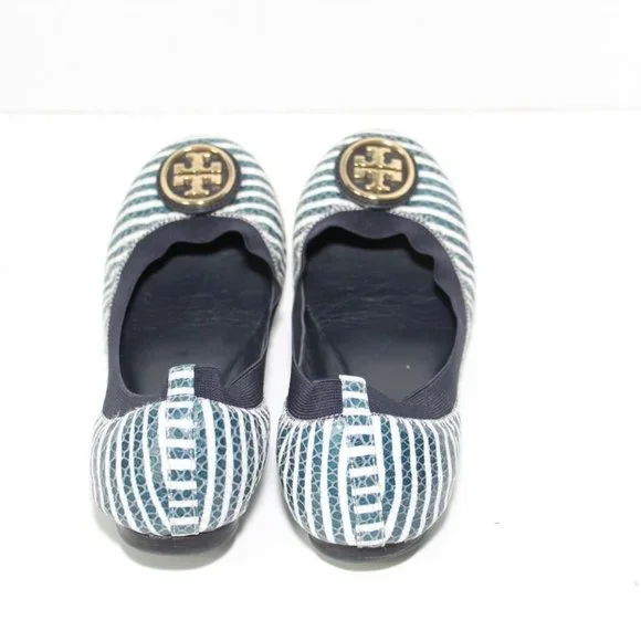 Tory Burch Caroline 2 Striped Ballet Flats Navy White Gold Shoes Size 7.5 H13069 - Picture 1 of 11